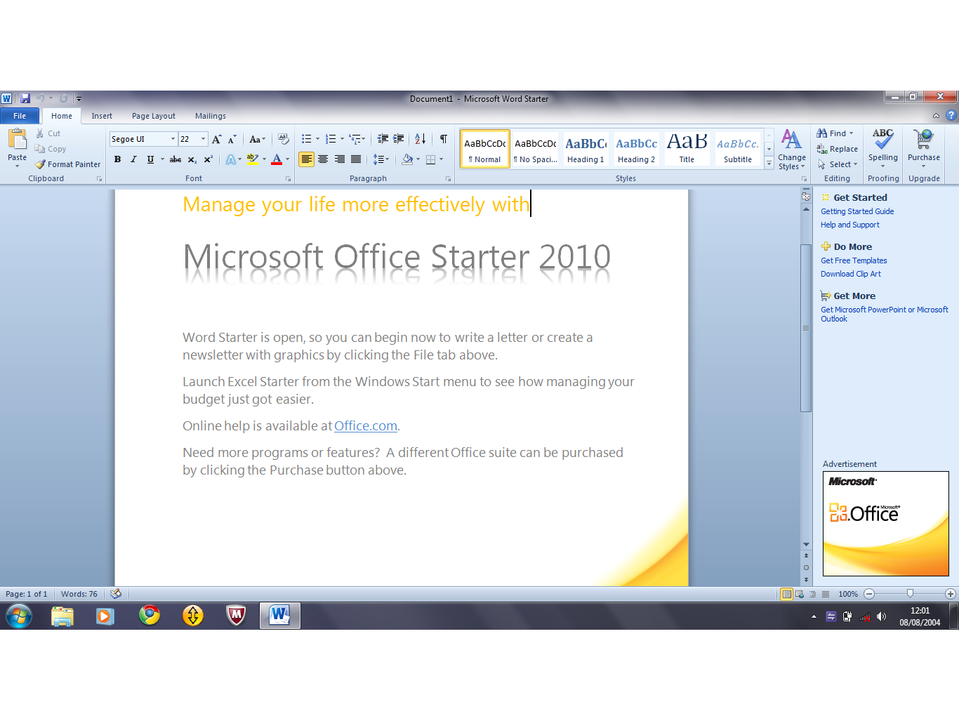 Open Microsoft Word Starter 2010